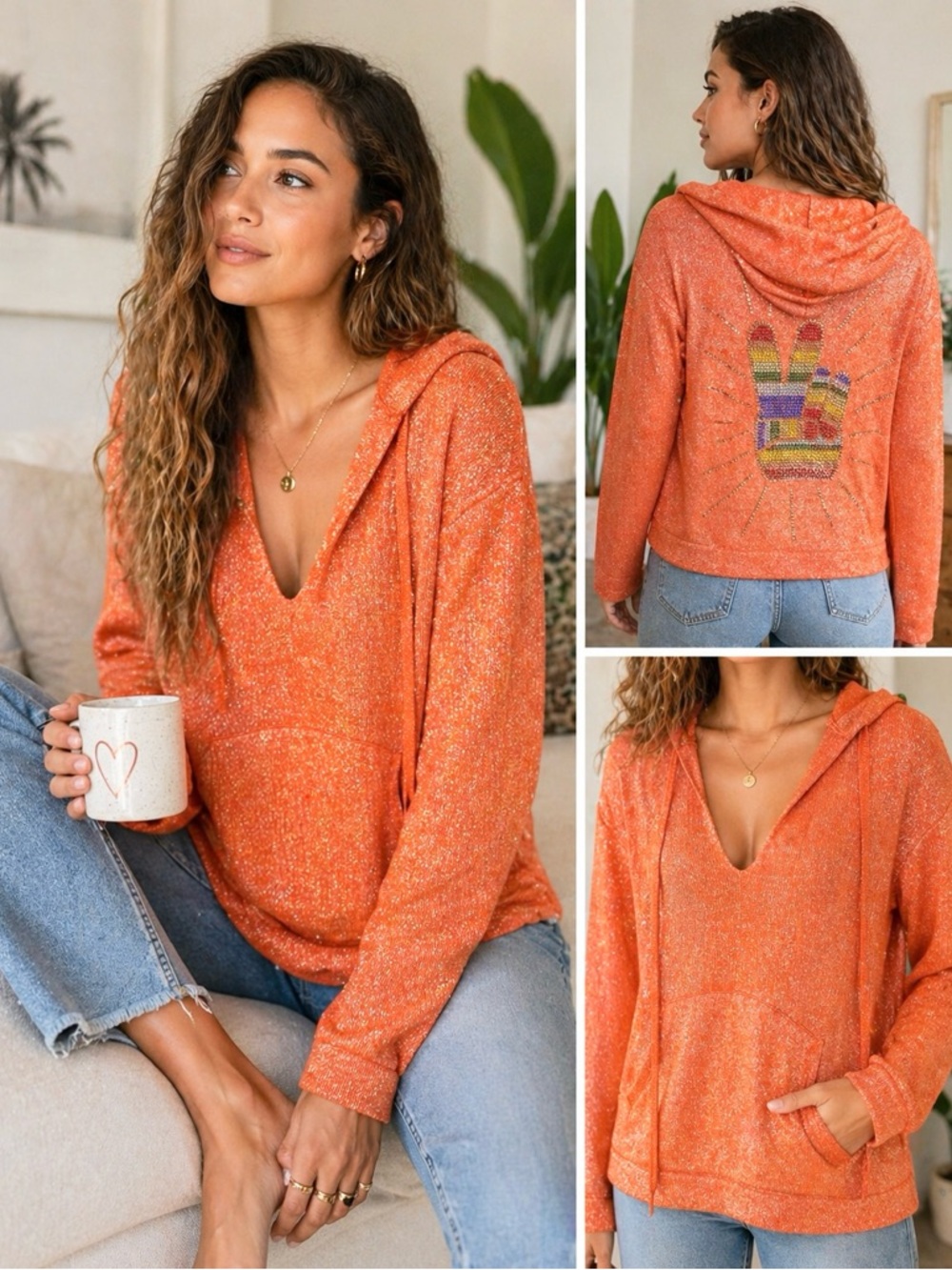 Le Superbe Orange Cashmere Wool Hoodie Sweater Rhinestone Peace Sign Size S